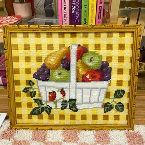 Vintage 70s Large Framed Fruit Basket Needlepoint Embroidery Wall Art 🍓🍇🍏